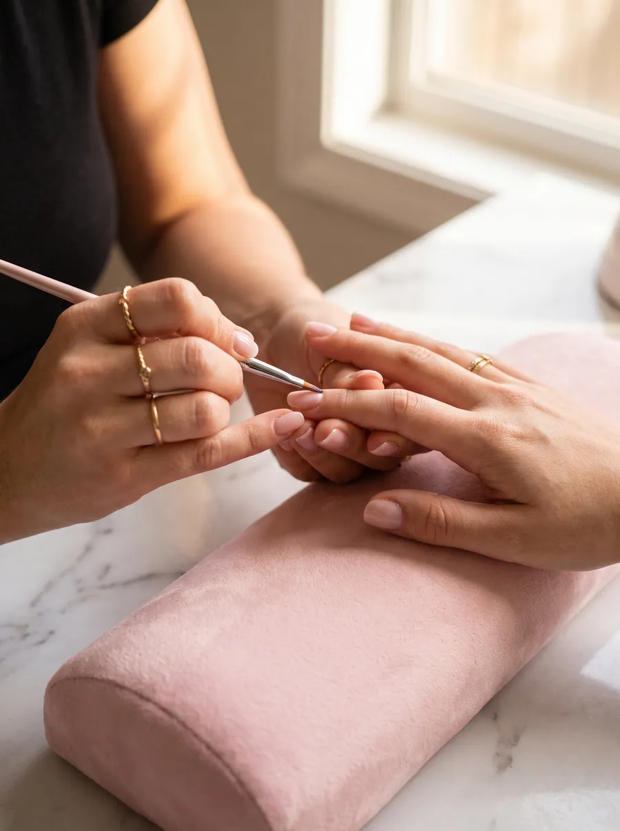 Giselle aplicando gel rosa con pincel fino a la uña de una clienta