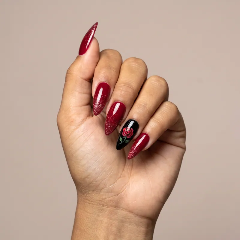 Uñas stiletto largas en rojo cereza con degradado de glitter y una uña negra con una rosa roja pintada