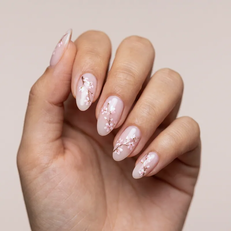 Uñas almendradas medianas en rosa lechoso translúcido con ramas de flor de cerezo pintadas a mano y puntos dorados