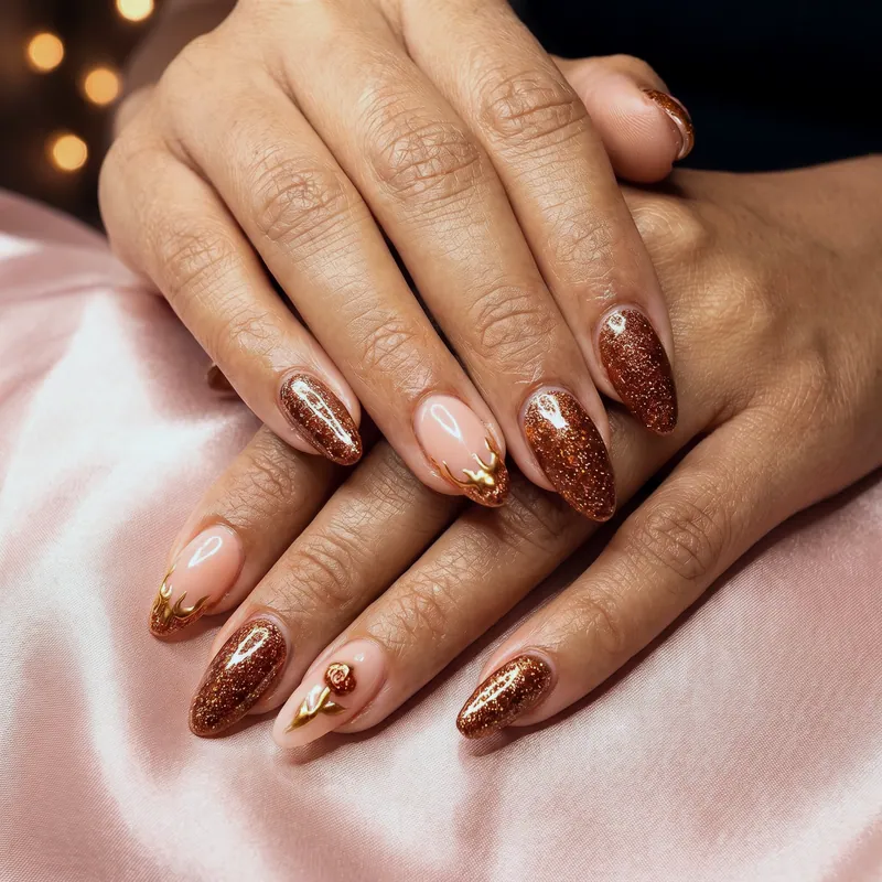 Uñas almendradas que combinan cobre con glitter, base nude con puntas doradas en forma de llama y una rosa de foil dorado en relieve
